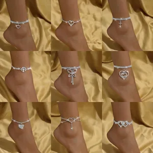 Fashion Rhinestone Rhombic Anklet For Women Silver Alloy Heart Cross Butterfly Tree Of Life Pendant Ankle Bracelet Jewelry
