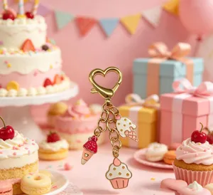 Gros plan détaillé du magnifique porte-clés glace et cupcake avec de superbes pendentifs.