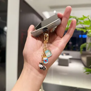 Cute cartoon cow milk bottle phone charm metal keychain lobster clasp pendant accessory