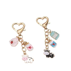 Cute cartoon cow milk bottle metal keychain set, heart lobster clasp bag pendant charm.