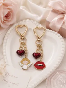 Cute angel and red lips keychain set, gold heart clasp bag charm for women and girls.