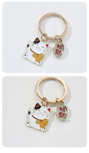 Cute lucky cat metal keychain charm with wealth character pendant for car keys and bags.
