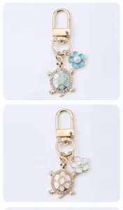 Metal turtle flower keychain bag charm crystal rhinestone key ring cute pendant gift accessories