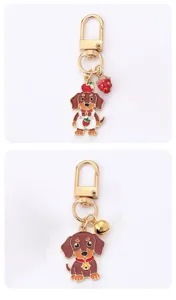Cute cartoon dachshund metal keychain with strawberry charm, sweet puppy bag pendant gift.