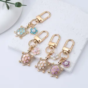 Metal Turtle Flower Bag Charm Keychain For Women Rhinestone Artificial Pearl Animal Key Ring Pendant Gift Jewelry