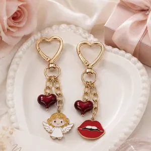 Cute Angel And Lips Heart Keychain Alloy Glitter Heart Bag Charm Pendant Gift For Women Key Ring Accessories