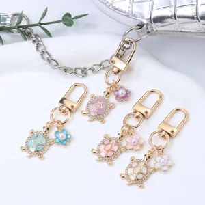 Metal turtle flower bag charm keychain cute rhinestone crystal key ring set for women accessories