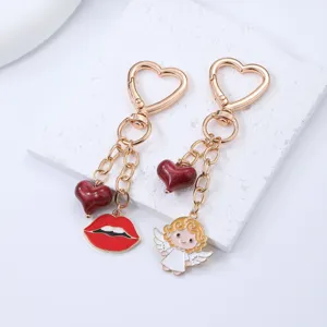Gold heart metal keychain with red lips and cute angel pendant for bag charm decoration
