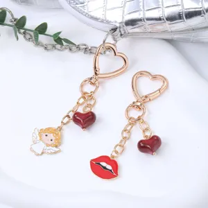 Cute heart clasp angel and red lips keychain charm for bag decoration stylish accessory