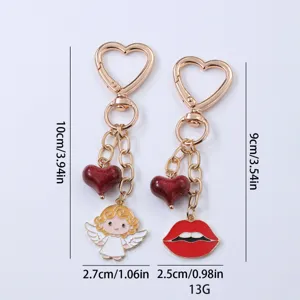 Metal heart keychain cute angel and red lips bag pendant fashion accessories for women