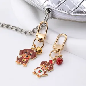 Cute dachshund keychain bag charm metal enamel sausage dog pendant with strawberry and bell