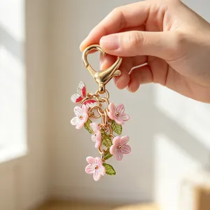 Schicker goldener Herz Blumen Schmetterling Schlüsselanhänger süßer rosa Blüten Taschenanhänger