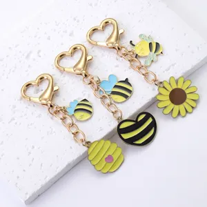 Süßer Insekt Biene Wabe Sonnenblume Herz Schlüsselanhänger Zinklegierung Emaille Taschenanhänger Pastoral Stil Schlüsselring Für Damen