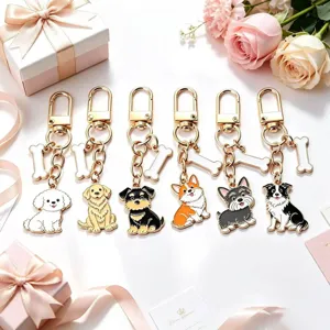 Porte-clés Mignon en Alliage de Zinc Émail Chien et Os Charme de Sac pour Amoureux des Animaux Cadeau Accessoires