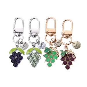Cute metal grape keychain charm, zinc alloy fruit bag pendant with love tag for women.