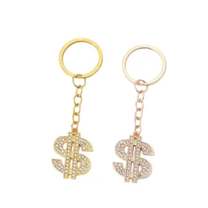 Portachiavi con segno di dollaro in strass oro e oro rosa, ciondolo per borsa.