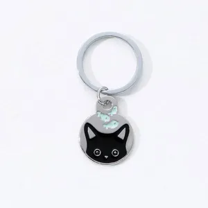 Cute black cat and fish metal keyring charm for keys, bags, or car decoration pendant.