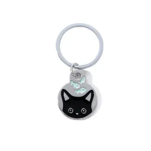 Cute black cat and fish round metal keychain pendant, perfect stylish accessory for car keys.