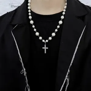 Koreanische Perlenkette mit Strasskreuz Anhänger für Damen und Herren Modeschmuck Halskette