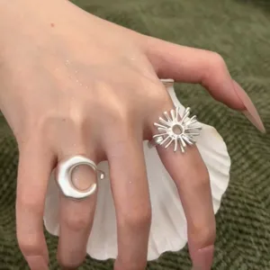 Minimalistische Matt Silber Sonne Und Mond Ringe Für Damen Urlaubsstil Einfache Geometrische Offene Ring Mode Fingerring Schmuck