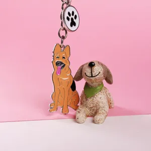 Cute German Shepherd metal keychain puppy bag charm detailed view showing exquisite craftsmanship.