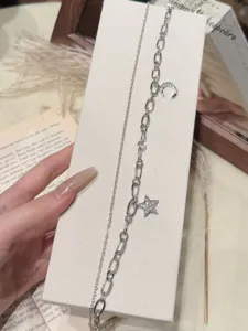 Silver double layer star moon pendant necklace trendy retro clavicle chain jewelry item