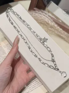 Silver multi-layer star moon necklace trendy vintage clavicle chain cold style jewelry