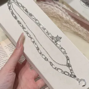 Multi-layered silver star and moon pendant necklace for trendy retro clavicle chain