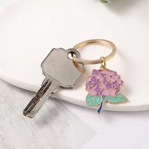 Exquisite metal keychain featuring a cute purple hydrangea flower pendant for bags and keys.
