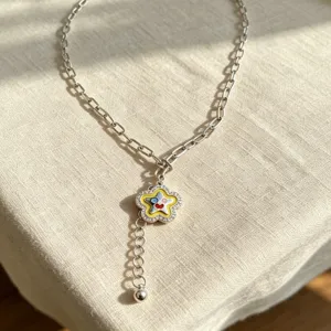 Y2K Silberfarbene Metall Kette Halskette mit gelbem Strass Stern Anhänger Quaste.