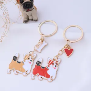 Cartoon Corgi Dog Metal Keychain For Women Girls Oil Dripping Alloy Key Ring Bag Pendant Decoration Heart Bone Charm Accessory