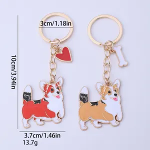 Cute Corgi metal keychain set with heart and bone charms, durable enamel bag pendant.