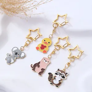 Cute Cartoon Animal Keychain Koala Otter Duck Raccoon Enamel Pendant Star Clasp Metal Key Ring Bag Charm Accessory Gift