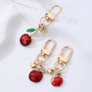 Cute Cartoon Fruit Keychain Alloy Rhinestone Red Apple Cherry Bag Charm Car Pendant Fashion Women Jewelry Gift Accessory