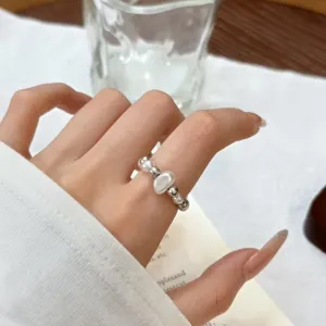French sweet style pearl silver bead elastic ring, simple versatile daily accessory.