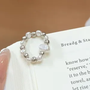 French sweet pearl and silver bead elastic ring, minimalist daily fashion jewelry accessory.