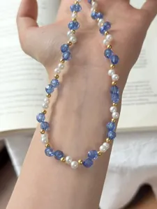 Handgemachte blaue Kristall und Perlen Perlen Schlüsselbeinkette, Vintage-Schmuck.