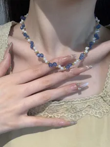 Exquisites Meersalzblau facettiertes Kristall Perlen Splicing Halskette Vintage Goldkugeln Choker.