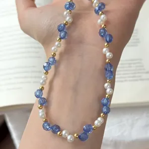 Meersalz blau facettiertes Kristall Perle Spleißen Halskette Gold Perle Schmuck Damen