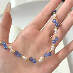 Meersalz blau Kristall Perle Perlenkette Vintage gold Perlen Choker fuer Damen Schmuck new