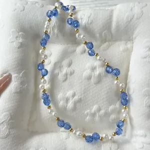 Meerblaues facettiertes Kristall Perlen Perlenkette Vintage Goldkugel Schlüsselbeinkette Damen