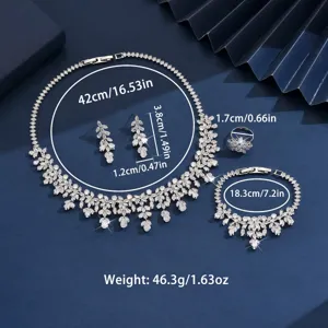 Bruids zirkoon blad ketting armband oorbellen ring vierdelige sieradenset voor huwelijk.