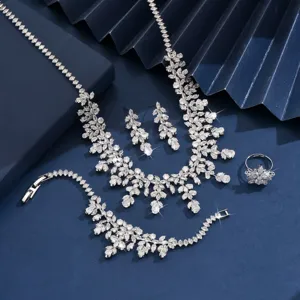 Zirkonen blad kwast ketting oorbellen armband ring sieradenset voor bruiloftsfeest.