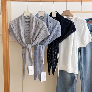 Solid color hollow knit triangle scarf for women, fashionable summer neck wrap and shawl.