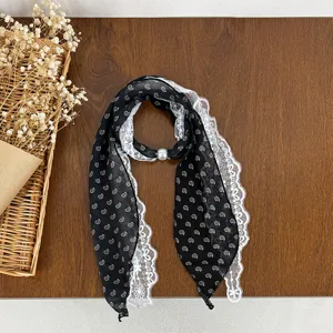 Women Fashion Printed Long Scarf Lace Stitched Versatile Neckerchief Polyester Scarf With Pearl Accent