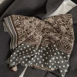 Vintage foulard paisley et pois, élégant foulard marron et gris pour les femmes.