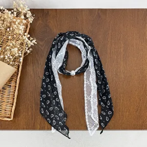 Women black and white lace patchwork silk scarf elegant neckerchief with pearl buckle accessory.