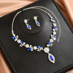 Elegante set di gioielli con collana e orecchini di cristallo blu strass argento donna.