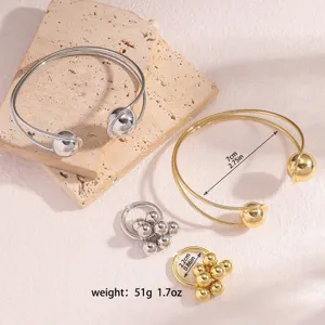 Set di bracciale e anello aperto con sfera liscia minimalista, gioielli placcati in oro 18K.