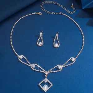 Elegante conjunto collar pendientes diamantes imitación boda novia cristal cuadrado accesorios